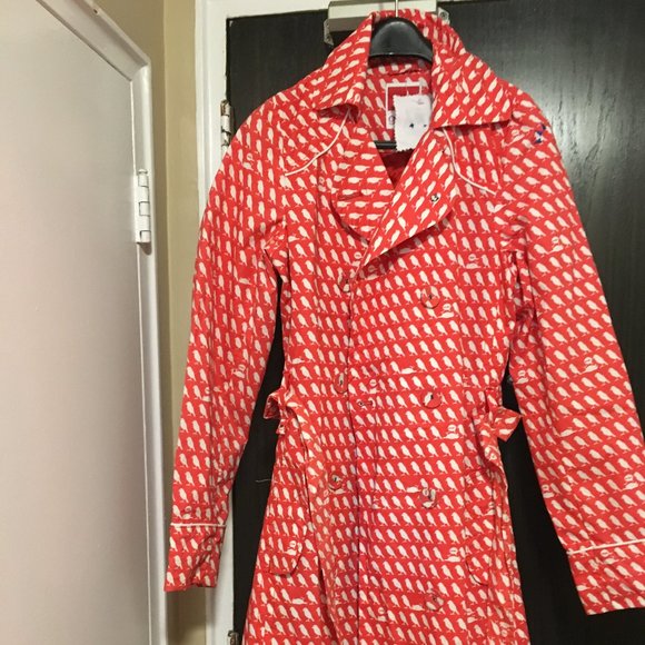 Small, Trench Coat, Red with white Birds (rain coat) - Picture 1 of 9